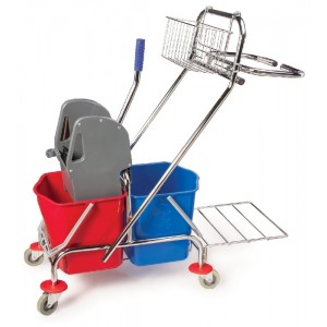Уборочная тележка 2-х ведерная 2х17л., отжим + корзина + держ. под мусор. мешок, рама метал. хром. AF08087