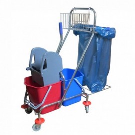 Уборочная тележка 2-х ведерная 2х17л., отжим + корзина + держ. под мусор. мешок, рама метал. хром. AF08087