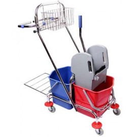 Уборочная тележка 2-х ведерная 2х17л., отжим + корзина + держ. под мусор. мешок, рама метал. хром. AF08087